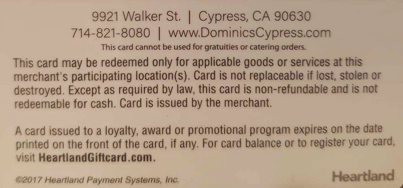 $25Gift Card — Dominic's Cypress